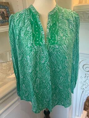 Shoshanna NEW  V Neck Blouse top Blue Green Boho Balloon Sleeves  Size Large